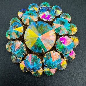 Heliotrope Watermelon Rivoli Brooch Vintage AB‎ Crystal Pin Gold Tone 2 in 39g